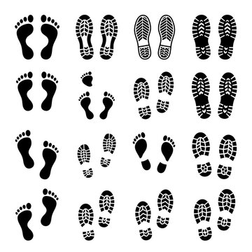 Set of black footprint and shoe print icons showing different human walking patterns and tracks for walking and hiking activities
