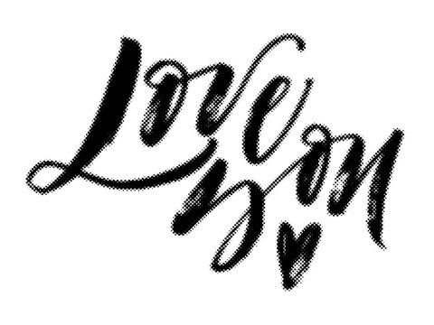Handwritten brush calligraphy inscription love on with small heart symbol isolated on white background transparent background