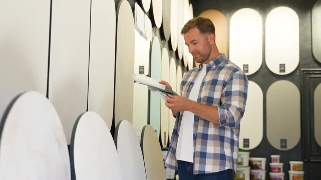 Male designer choosing paint color from swatches in a hardware store