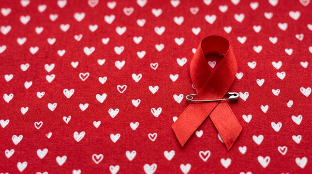 Red awareness ribbon with safety pin on a red background with white hearts pattern symbolizing hope support and health campaigns