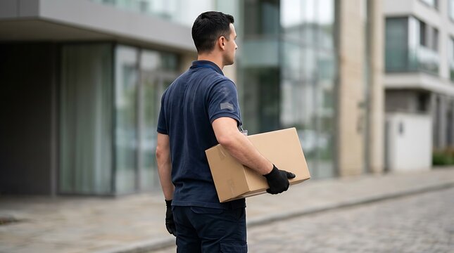Delivery courier walking with cardboard box in urban environment