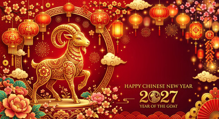 Fototapeta premium Happy Chinese New Year 2027 Year of the Goat Gold Goat Lanterns Red Festive Celebration