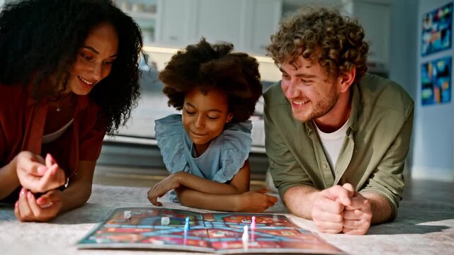 Multiracial family playing board game lying floor. Mom moves piece, girl smiles.