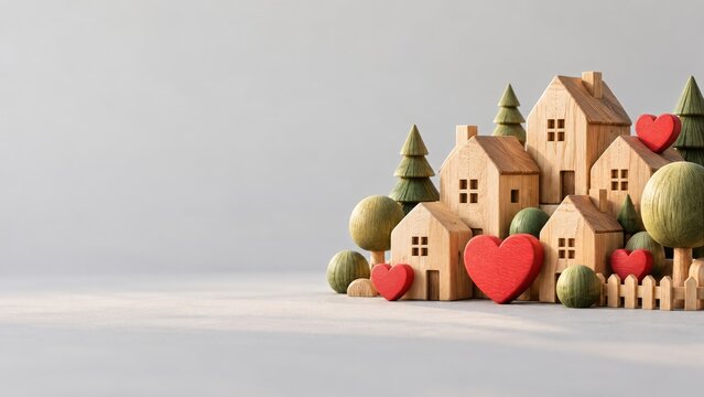 Carved Wooden Houses and Green Trees with Red Hearts on Pale Gray