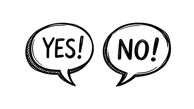 Hand drawn comic speech bubbles with yes and no lettering on transparent background, concept of choice and decision