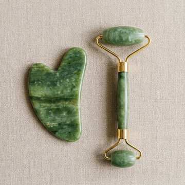 Natural Jade Roller and Gua Sha Stone for Facial Massage and Skincare Self Care Beauty Tools on Textured Background