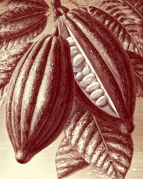 Richly detailed cocoa pods hang among broad leaves. One pod splits open, revealing rows of white seeds inside. Deep sepia tones create a vintage, handcrafted feel. Ideal for food, agriculture