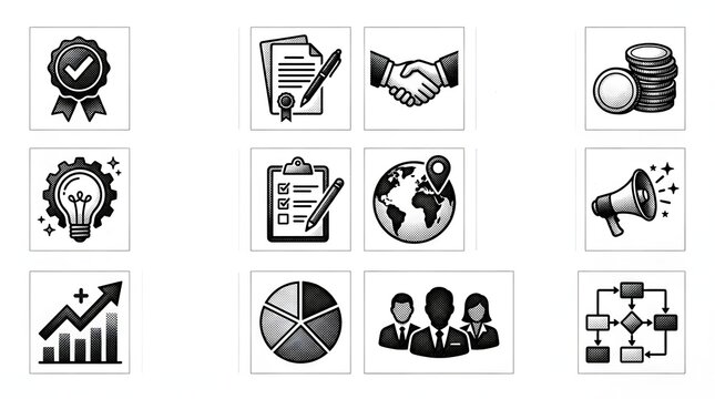 Professional business icon set displaying various vector symbols for organizational needs.