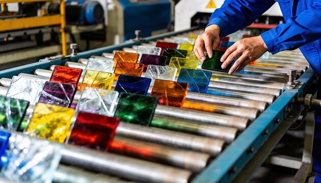 Factory worker arranging colorful stained glass tiles, industrial production line, glass manufacturing process, worker hands, colorful tiles, glass factory, conveyor belt, quality inspection