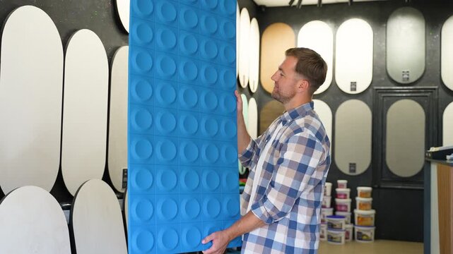 Designer choosing decorative blue wall panel