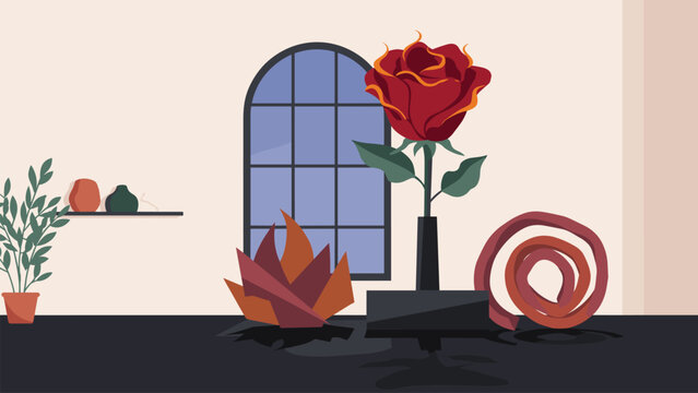 Elegant stylized red rose in black vase displayed beside abstract geometric decor and arched window in modern room.
