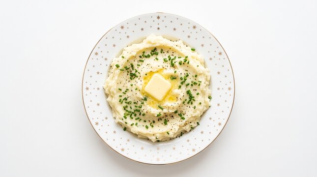 Creamy mashed potatoes with a melting butter pat and fresh chives on a festive star patterned plate