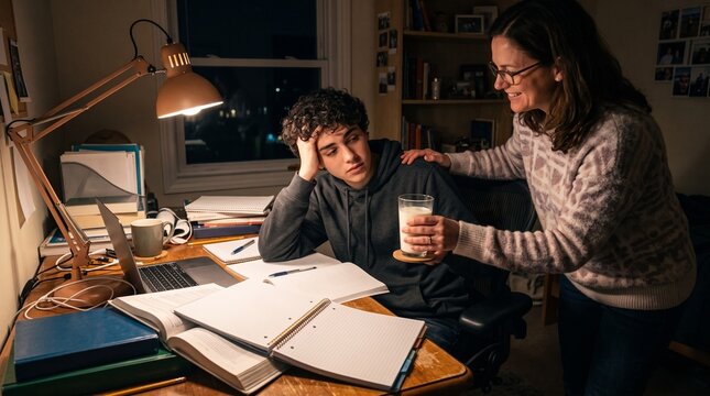 A supportive mother brings a glass of milk to her teenage son studying late at his desk at night