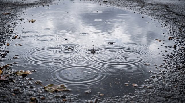 Raindrops falling into a puddle on the asphalt road creating concentric circles and ripples.