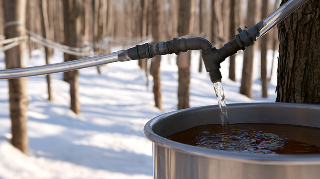 Maple sap collection in a winter forest with metal tubes and a bucket. Sugar maple, Acer saccharum, tapping process for sweet liquid