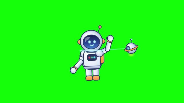 Cute robot astronaut character animations on green screen