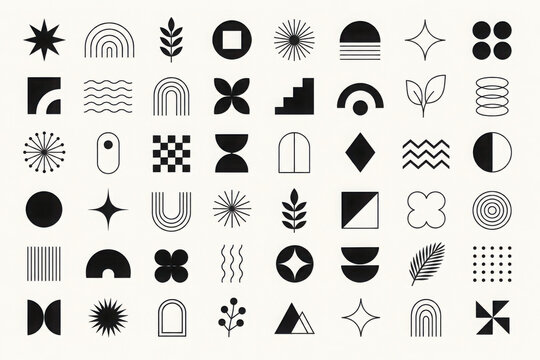 Mega geometric and abstract shapes collection. Abstract symbols set. vector elements. Geometric icons. Isolated modern signs. Neo geo art. Swiss style. Bauhaus influence. Neo minimalism.