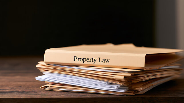 A neat stack of manila folders labeled Property Law rests on a dark wooden table in an office setting, ready for legal review