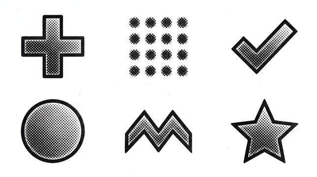Retro halftone basic symbol set featuring check mark circle star plus and zigzag shape.