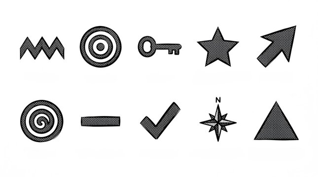 Collection of retro halftone vector icons including key target compass star and arrow.