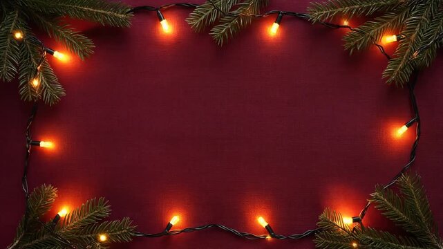 Crimson Background with Fir Branches and Warm Lights