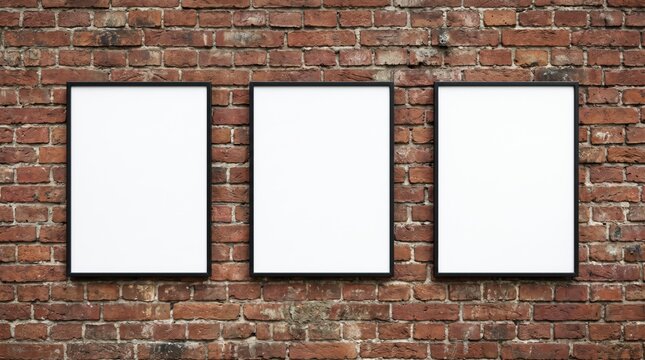 Three vertical black poster picture frames mockup hanging on rustic red brick wall