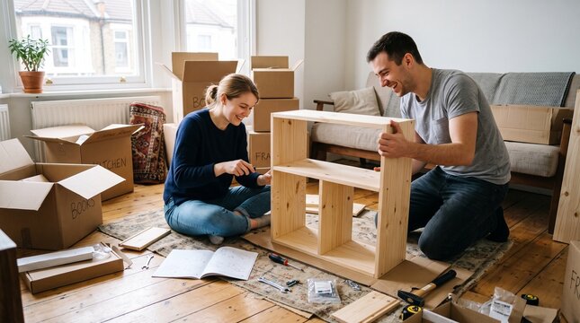Couple assembling flat pack furniture in new home surrounded by moving boxes