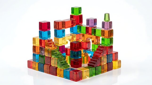 Colorful transparent gelatin cubes stacked in creative geometric
