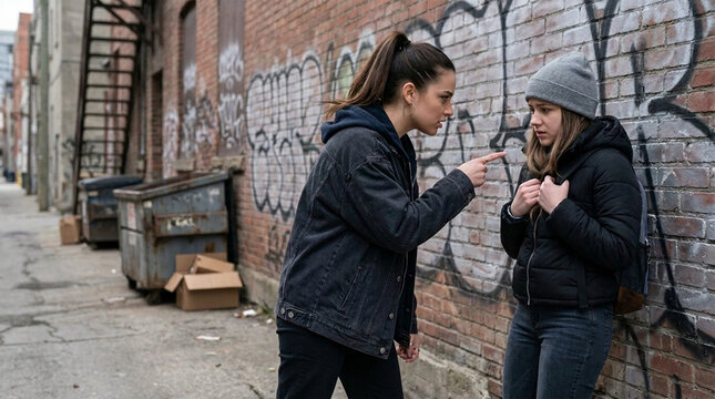 Teenage girl confronts another girl in gritty urban alleyway with graffiti and dumpsters depicting conflict and social issues