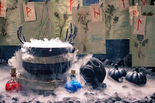 White mist flows from a magical vessel.