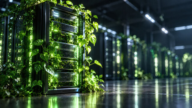 Sustainable eco friendly green data center server rack overgrown with lush foliage representing clean energy cloud computing and environmental technology