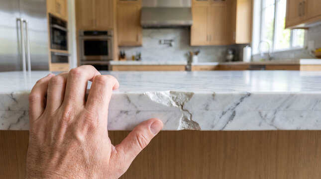 Close up of damaged chip in white marble kitchen countertop
