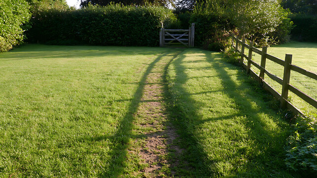 A peaceful rural landscape featuring a wooden fence beside a narrow dirt path across a vibrant green meadow leading to a rustic farm gate