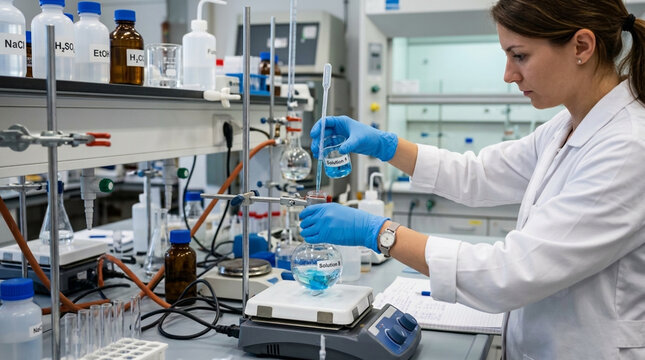 Scientist pouring blue liquid in laboratory flask performing chemical experiment with equipment