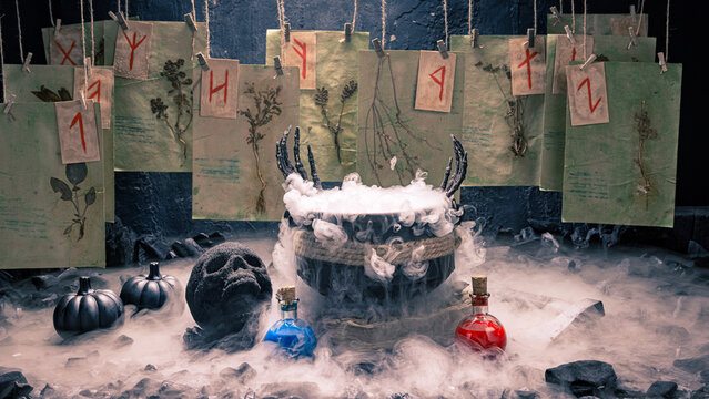 Skeletal hands emerge from a bubbling cauldron.