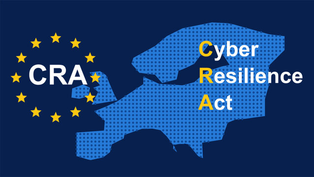 Eu cyber resilience act cra with european union flag stars and a blue dotted map of europe on dark background