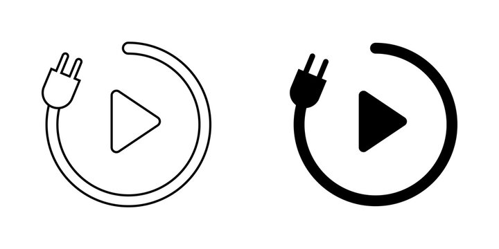 Play button icon with electric power plug symbol in outline and solid black style for web design