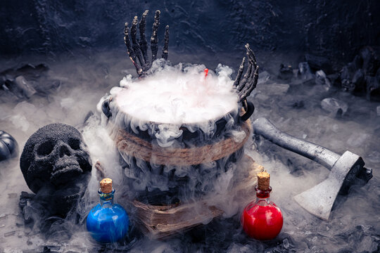 Halloween potion brewing in a dark setting.