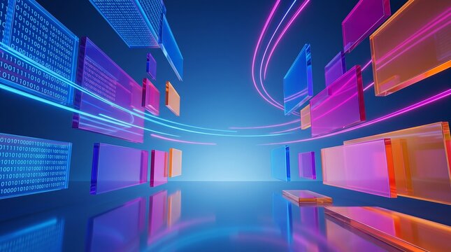 3D abstract technology background with glowing colorful glass panels and binary code