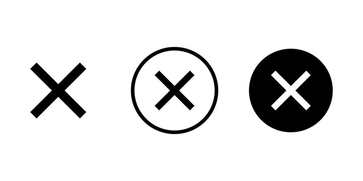Black cross mark icons set in circle and plain style for user interface and web design