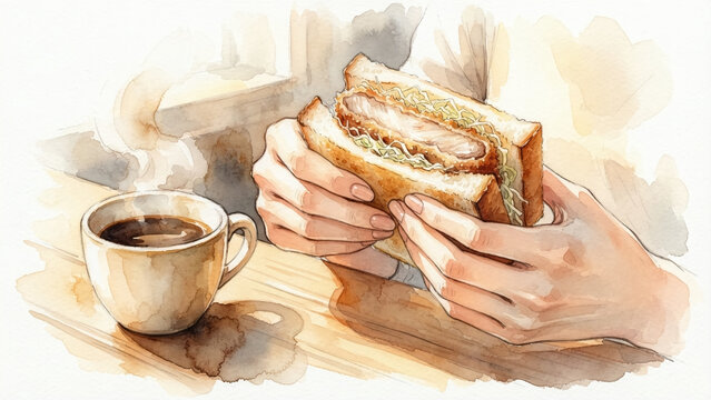 Watercolor painting illustration of a person holding a delicious katsu sando (pork cutlet sandwich) with both hands, about to eat it at a dining table with a cup of coffee.
