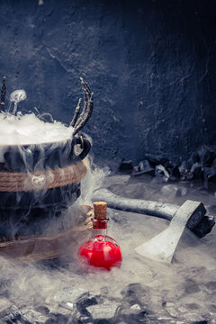 Mystical blue liquid fills a corked bottle.