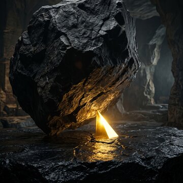 A tiny glowing golden wedge effortlessly lifts a massive dark obsidian boulder, a powerful visual metaphor for leverage and working smarter, not harder.