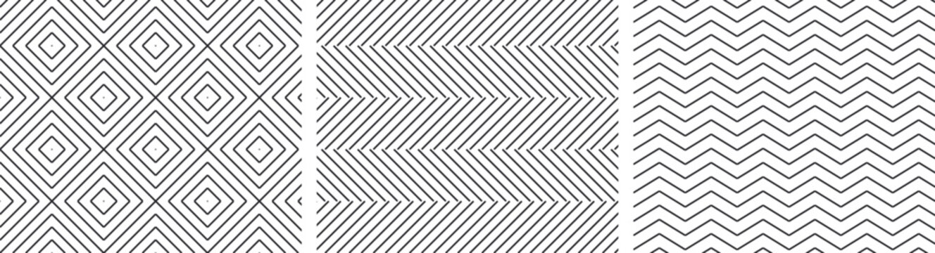 Set of three seamless black and white linear geometric patterns featuring diagonal squares, herringbone lines, and zig-zag waves