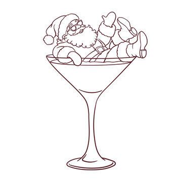 Funny drunk Santa Claus inside martini glass coloring page. Cute cartoon Christmas line art. Funny adult humor xmas black and white outline vector drawing