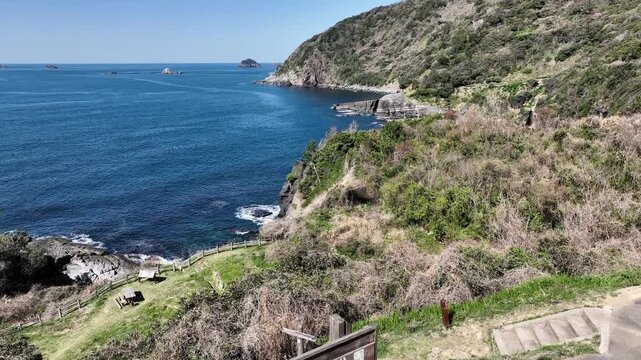 Susa Hornfels coastal rock formation under a clear blue sky in Hagi, Yamaguchi, Japan