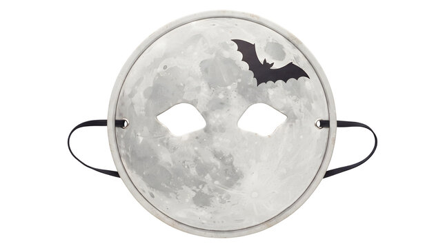 A moon face mask with a bat on a transparent background for Halloween costume