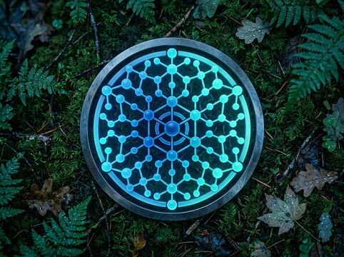 Circular node patterned object glowing blue on vibrant green forest moss