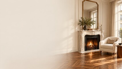 Fototapeta premium Classic Marble Fireplace with a Gold Mirror and Cream Armchair in Sunlight