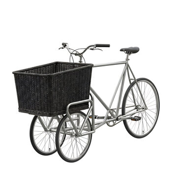 Three wheeled bicycle with a large front basket for cargo transport tricycle transport delivery mobility shipping logistics passenger equipment transportation handlebar lifestyle isolated